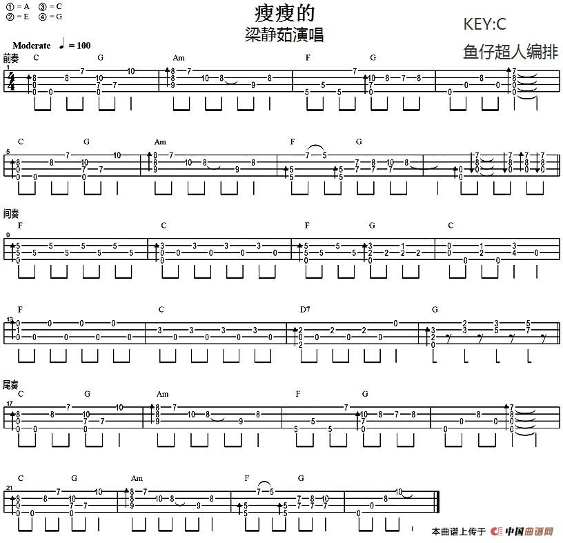 瘦瘦的（尤克里里指弹谱）(1)_原文件名：瘦瘦的（尤克里里指弹谱） 梁静茹演唱.jpg